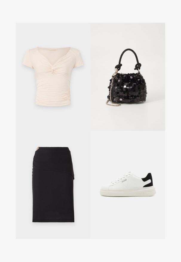 Gai bēšs īso piedurkņu tops ar V-veida kakla izgriezumu un pagriešanas detaļu priekšpusē, kas satur savelkamu tekstūru gar sāniem, nodrošinot pieguļošu dizainu.; Melnā zīmuļu svārku ar drapētu priekšpusi, kas rotāta ar dekoratīvu metālu akcentu jostasvietā. Izgatavots no elastīga auduma.; Baltas ādas sporta apavi ar biezu balto zoli, melna zamša uzpura un izspiestais logotips sānos. Šņorējuma dizains ar sešiem acu caurumiem.; Melna spīguļota mini rokas soma ar mezglotu teksturētu siksniņu un sudraba ķēdi. Apaļa forma ar sakopotām malām un atstarojumu detaļām.