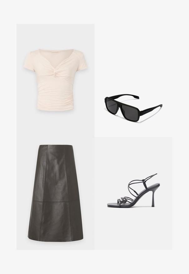 Gai bēšs īso piedurkņu tops ar V-veida kakla izgriezumu un pagriešanas detaļu priekšpusē, kas satur savelkamu tekstūru gar sāniem, nodrošinot pieguļošu dizainu.; Tumši pelēka ādas svārki, A-līnijas dizains, gluda tekstūra, līdz ceļgaliem, ar paneļa šuvēm un sakoptu malu.; Melnas augstpapēžu sandales ar plāniem siksniņām un mezgla dizainu, gluda kvadrātveida purngalu un elegantu stiletto papēdi.; Hawkers PARLAY - Saulesbrilles - black