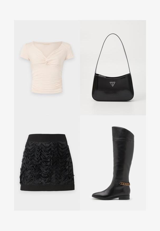Lichtbeige kort-mile top met V-hals en draai detail aan de voorkant, met geplooide textuur aan de zijkanten voor een aansluitend ontwerp.; Zwarte minirok met een geplooide chiffon voorkant, voorzien van een gladde zwarte tailleband. De plooien creëren textuur en beweging.; Hoge zwarte leren laarzen met een slank ontwerp, spitse neus en een gouden kettingaccent bij de enkel. Lage blokhak. Glad textuur.; Zwarte lakleren schoudertas met een gebogen vorm, voorzien van een zilveren driehoeklogo en een ritssluiting. Gladde textuur en slanke schouderband.