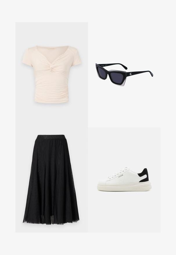 Svetlo bež majica s kratkimi rokavi in V-izrezom, z zvitkom na sprednjem delu, ki ima nabran teksturo ob straneh za tesno prileganje.; Črna maksi krila z teksturiranim, tekočim dizajnom. Ima širok, svetleč pas in plasten prozoren material za eleganten videz.; Bele usnjene športne copate z debelim belim podplatom, črnimi semišnimi detajli na peti in utisnjenim logotipom na strani. Zavezovanje s šestimi luknjicami.; Črne prevelike sončne očala geometrijske oblike, z temnimi lečami in kontrastno sivo podrobnostjo na okvirju. Logo na ročaju.