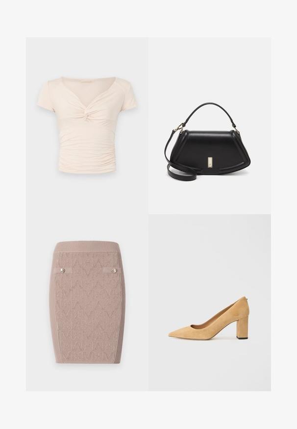 Helle beige Kurzarmbluse mit V-Ausschnitt und Dreh-Detail an der Vorderseite, mit geraffter Textur an den Seiten für eine taillierte Passform.; Strick-Bleistiftrock in hellbeige mit strukturierten "M"-Muster, geripptem Bund und zwei seitlichen Knöpfen als Akzent.; Beige Wildleder-Pumps mit hohem Absatz, spitz zulaufend und mit einem klobigen Blockabsatz. Das Material hat eine weiche Textur mit einer glatten Oberfläche.; Schwarze Lederhandtasche mit einem strukturierten Design, das eine verkürzte Form, einen oberen Griff und goldfarbene Hardware-Details aufweist. Verstellbarer Schulterriemen ist enthalten.