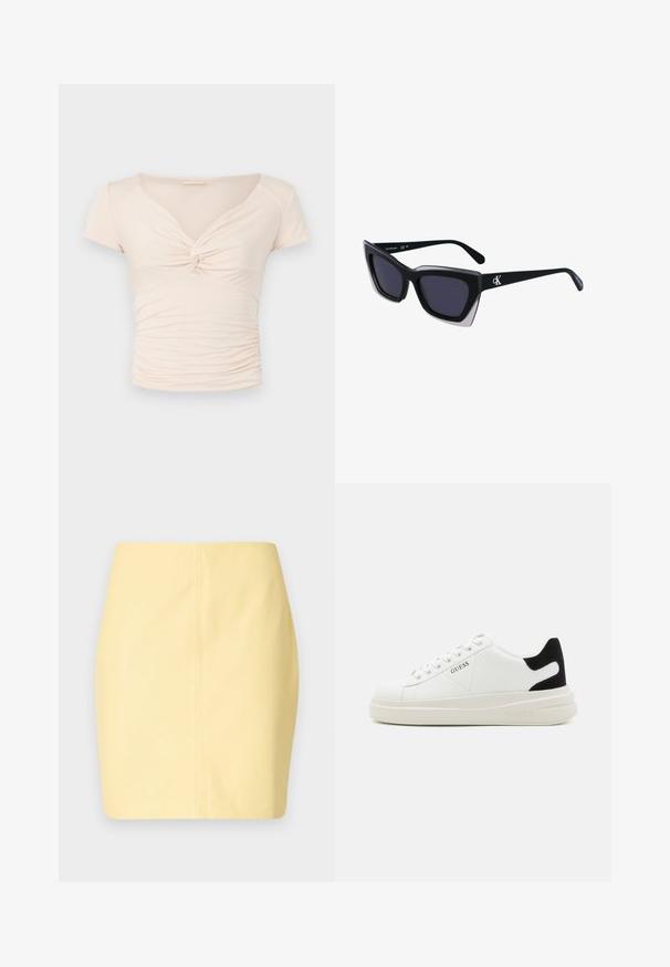 Helle beige Kurzarmbluse mit V-Ausschnitt und Dreh-Detail an der Vorderseite, mit geraffter Textur an den Seiten für eine taillierte Passform.; Gelber Minirock mit glatter Textur und schmaler Passform, der ein sauberes Design und minimale Nähte aufweist.; Weiße Leder-Sneaker mit einer dicken weißen Sohle, schwarzem Wildlederakzent an der Ferse und geprägtem Logo an der Seite. Schnürdesign mit sechs Ösen.; Schwarze übergroße Sonnenbrille mit geometrischer Form, ausgestattet mit dunklen Gläsern und einem kontrastierenden grauen Detail im Rahmen. Logo am Bügel.
