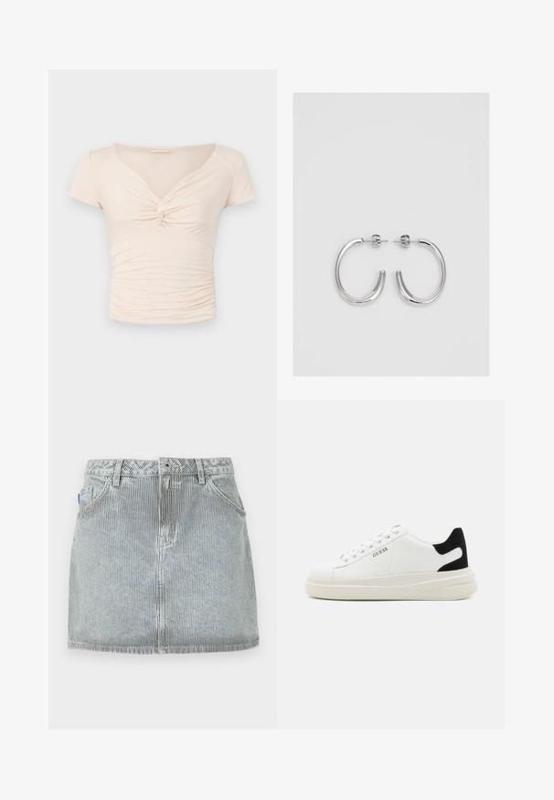 Svetlo bež majica s kratkimi rokavi in V-izrezom, z zvitkom na sprednjem delu, ki ima nabran teksturo ob straneh za tesno prileganje.; Denimska krila z vertikalnimi črnimi in belimi črtami, ki se ponaša s petimi žepi, zankami za pas in ravnim robom. Podrobnosti z obrabljeno teksturo.; Bele usnjene športne copate z debelim belim podplatom, črnimi semišnimi detajli na peti in utisnjenim logotipom na strani. Zavezovanje s šestimi luknjicami.; Srebrne obročaste uhane z gladko, sijočo površino. Zaobljena oblika, lahka zasnova, z zapiranjem na zatič.