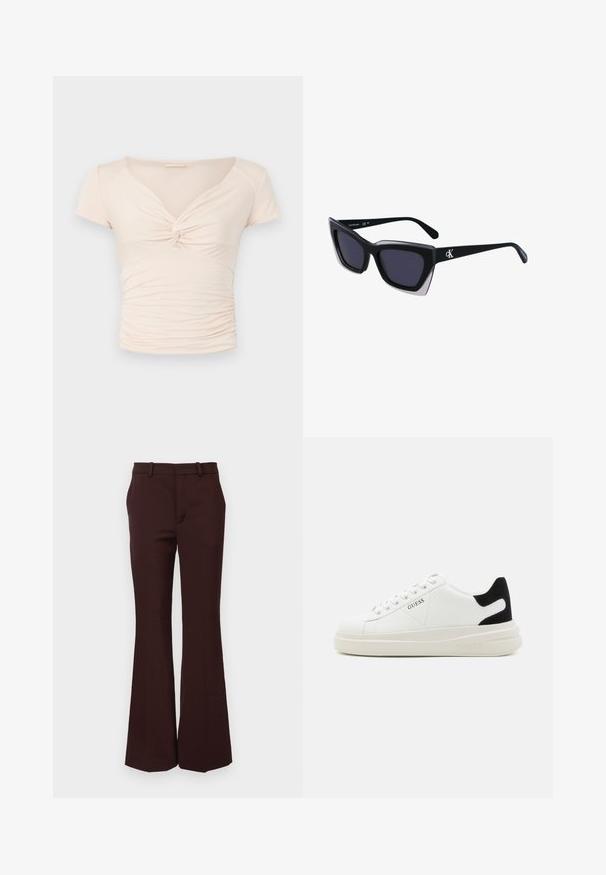 Top scurt, de culoare bej deschis, cu mânecă scurtă și decolteu în V, având detaliu răsucit în față, cu textură adunată pe laturi pentru un design ajustat.; Pantaloni maro evazați, confecționați dintr-o țesătură netedă, cu o talie bine croită, cu bucle pentru curea și un fesier curat, fără buzunare.; Adidași din piele albă cu o talpă groasă albă, accent de călcâi din suede negru și logo embosat pe lateral. Design cu șireturi și șase orificii.; Ochelari de soare supradimensionați, negri, cu o formă geometrică, având lentile întunecate și un detaliu gri contrastant pe ramă. Logo pe braț.