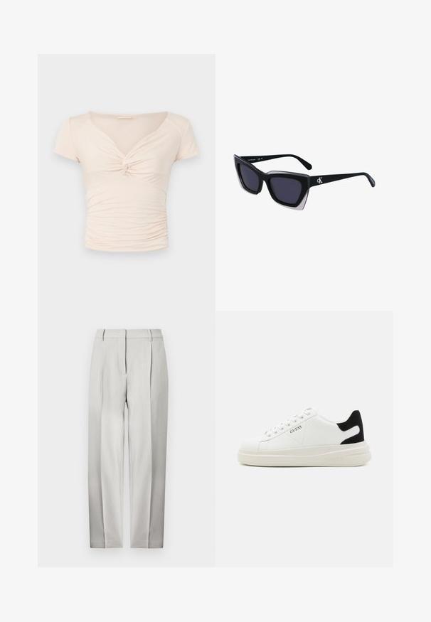 Svetlo béžový top s krátkym rukávom a výstrihom do V, s detailom twist vpredu, pričom po stranách má nahrnutú textúru pre priliehavý dizajn.; Svetlo šedé elegantné nohavice so štíhlym strihom, prednými skladmi a hladkou textúrou. Bez viditeľných vreciek alebo zdobenia.; Biele kožené tenisky s hrubou bielou podrážkou, čiernym zamekom na päte a vyrazeným logom na boku. Šnurovací dizajn so šiestimi očkami.; Čierne oversized slnečné okuliare s geometrickým tvarom, s tmavými šošovkami a kontrastným šedým detailom na ráme. Logo na mostíku.