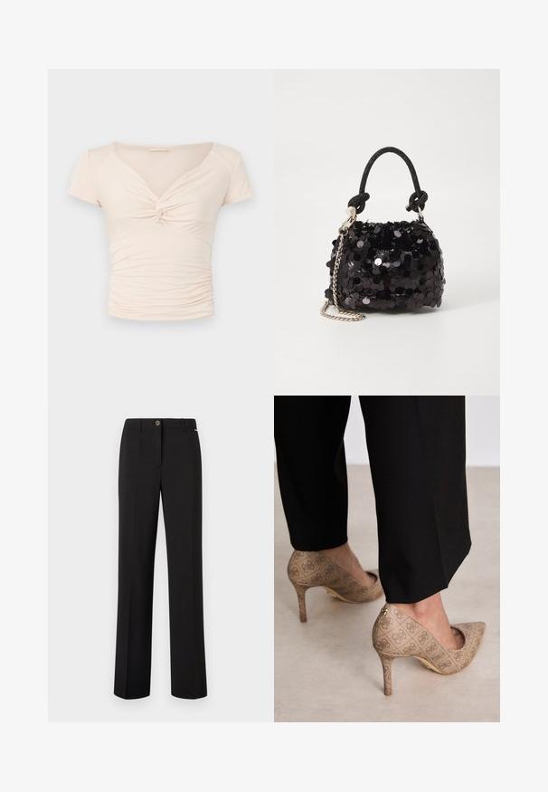Top corto a maniche corte beige chiaro con scollatura a V e dettaglio intrecciato sul fronte, caratterizzato da una texture arricciata lungo i lati per un design aderente.; Pantaloni neri su misura con gamba dritta, caratterizzati da una leggera texture, una chiusura con bottone anteriore e un taglio classico.; Scarpe con tacco alto beige in tessuto testurizzato con un motivo ripetuto. Design con punta appuntita e dettaglio dorato sul tacco.; Mini borsa a tracolla nera in paillettes con una tracolla texturizzata annodata e catena argentata. Forma rotonda con parte superiore arricciata e dettagli riflettenti.