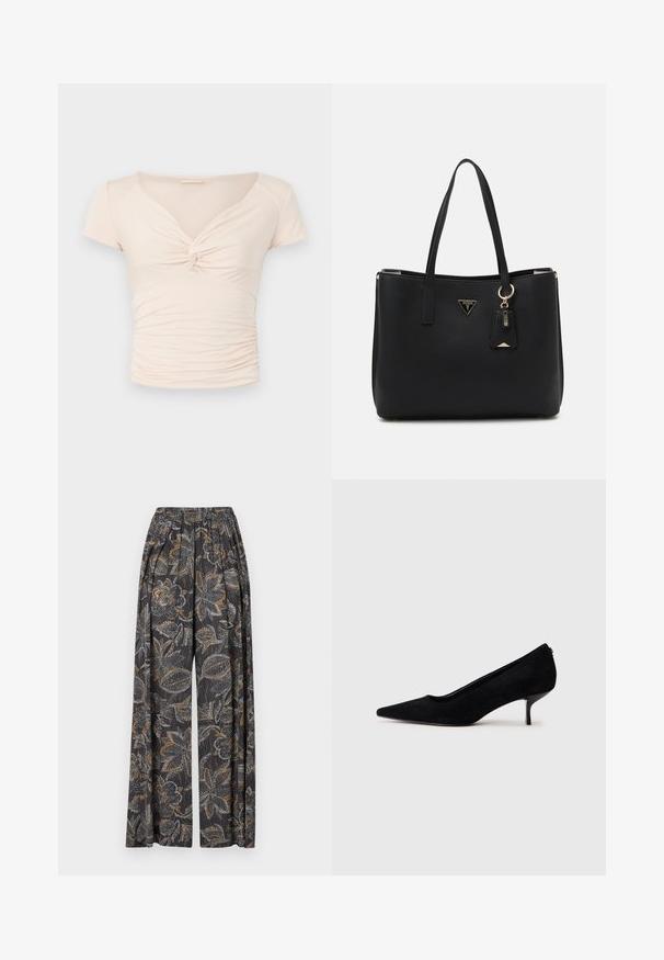Helle beige Kurzarmbluse mit V-Ausschnitt und Dreh-Detail an der Vorderseite, mit geraffter Textur an den Seiten für eine taillierte Passform.; weit geschnittene Hosen im dunklen Blumenmuster mit komplizierten grau-orangefarbenen Motiven. Der elastische Bund sorgt für Komfort und Flexibilität.; Schwarzer Wildleder-High-Heel-Schuh mit spitzem Zeh und slim, niedrigem Absatz. Glatte Textur mit elegantem Design, ohne sichtbare Beschläge.; Schwarze Tragetasche aus strukturiertem synthetischem Material, mit zwei Griffen, einem goldenen Logo-Schild und einem kleinen Anhänger mit Akzentdetail.