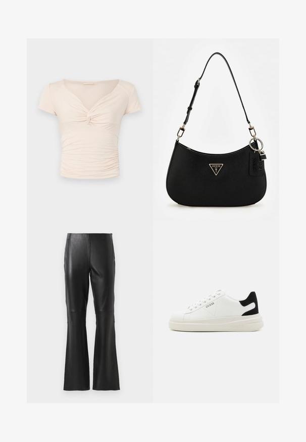 Heledad beež pluus lühikeste varrukatega, V-kaelusega ja esise keerdumise detailiga, külgedel kogutud tekstuuriga, et saavutada keha lähedane mudel.; Mustad kõrge vöökoha faux nahast püksid, flared jalgade ja eesmise õmbluse detailidega, kujutatud lihtsa valge taustaga.; Valged nahast tennisetossud paksu valge tallaga, musta sametist kontsakeeuga ja külje peal riigilogo reljeefne kujundus. Lukkeskeem kuue silmaauguga.; Must zwart sünteetilisest materjalist õlakotil on kaarjas siluett, struktureeritud viimistlus, kultne kolmnurga logo ja eemaldatavad metallaktsendid.