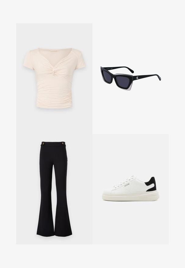 Haut beige clair à manches courtes avec un col en V et un détail torsadé à l'avant, présentant une texture froncée sur les côtés pour un design ajusté.; Pantalons évasés noirs en matériau extensible. Présentent deux boutons dorés à la taille. Texture lisse et ajustés au niveau des hanches.; Baskets en cuir blanc avec une épaisse semelle blanche, un accent en daim noir au niveau du talon et un logo embossé sur le côté. Design à lacets avec six œillets.; Lunettes de soleil noires surdimensionnées avec une forme géométrique, dotées de verres foncés et d'un détail gris contrastant sur la monture. Logo sur la branche.