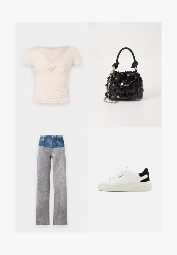 Haut beige clair à manches courtes avec un col en V et un détail torsadé à l'avant, présentant une texture froncée sur les côtés pour un design ajusté.; Pantalon en denim avec une taille haute de couleur bleu clair, se fondant en un corps gris froissé. Comprend des poches standard et des fermetures à bouton.; Baskets en cuir blanc avec une épaisse semelle blanche, un accent en daim noir au niveau du talon et un logo embossé sur le côté. Design à lacets avec six œillets.; Mini sac à main en sequins noirs avec une bandoulière texturée nouée et une chaîne argentée. Forme arrondie avec un haut froncé et des détails réfléchissants.
