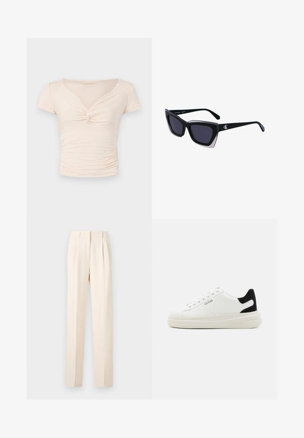 Top scurt, de culoare bej deschis, cu mânecă scurtă și decolteu în V, având detaliu răsucit în față, cu textură adunată pe laturi pentru un design ajustat.; Pantaloni bej, croiți cu pliuri, având o tăietură dreaptă și o textură netedă. Banda pentru talie este curată, fără hardware vizibil.; Adidași din piele albă cu o talpă groasă albă, accent de călcâi din suede negru și logo embosat pe lateral. Design cu șireturi și șase orificii.; Ochelari de soare supradimensionați, negri, cu o formă geometrică, având lentile întunecate și un detaliu gri contrastant pe ramă. Logo pe braț.