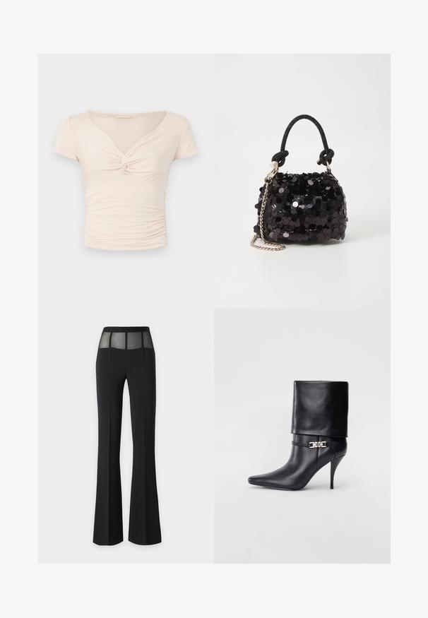 Top scurt, de culoare bej deschis, cu mânecă scurtă și decolteu în V, având detaliu răsucit în față, cu textură adunată pe laturi pentru un design ajustat.; Pantaloni negri evazați cu un panou din plasă transparentă la talie. Textura netedă și designul ajustat îmbunătățesc ajustarea și aspectul general.; Botine negre din piele, cu vârf ascuțit, toc înalt și subțire, cu manșetă pliată și un detaliu decorativ cu cataramă aurie la gleznă.; Geantă mini neagră cu paiete, cu un umar texturat înnodat și un lanț argintiu. Formă rotundă cu partea de sus adunată și detalii reflectorizante.