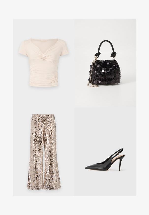 Svetlo bež majica s kratkimi rokavi in V-izrezom, z zvitkom na sprednjem delu, ki ima nabran teksturo ob straneh za tesno prileganje.; Široke hlače z bleščicami v odtenkih zlata in srebra z elastičnim pasom. Imajo sijočo teksturo in ohlapen kroj.; Črne usnjene sandale s peto s konicami, gladko teksturo in nežnim trakom z kovinsko zaponko.; Črna mini torbica s palčkami iz bleščic, z vozlanim teksturiranim trakom in srebrnima verigama. Okrogla oblika z nabranim vrhom in odsevnimi detajli.
