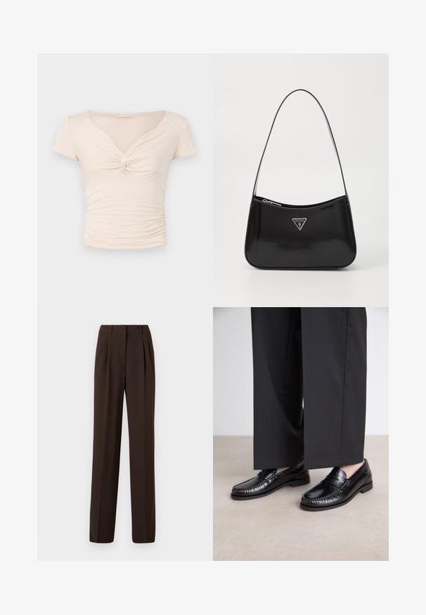 Lyst beige kortærmet top med V-hals og twist-detalje foran, med samlede teksturer langs siderne for en tætsiddende design.; Brune plisserede bukser med lige ben, skræddersyet stof og en glat tekstur, der har bæltestropper og sidelommer.; Sorte læder loafers med en glat finish, syet detaljering omkring tæerne og en lav gummisål. Sammen med brede sorte bukser.; Sort patenteret læder skuldertaske med en buet form, prydet med et sølvfarvet trekantet logo og en lynlås-lukning. Glat tekstur og slank rem.