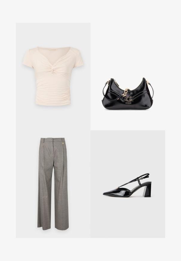 Top scurt, de culoare bej deschis, cu mânecă scurtă și decolteu în V, având detaliu răsucit în față, cu textură adunată pe laturi pentru un design ajustat.; Pantaloni evazați gri cu carouri, cu talie înaltă, plii frontale și un accent din metal auriu pe talie. Material texturat.; Pantofi cu toc înalt din piele patent neagră, cu vârf ascuțit, curea ajustabilă și toc pătrat chunky.; Geantă din piele patent neagră cu un design curbat, accente de hardwear aurii și un logo proeminent. Include o curea de umăr detașabilă.