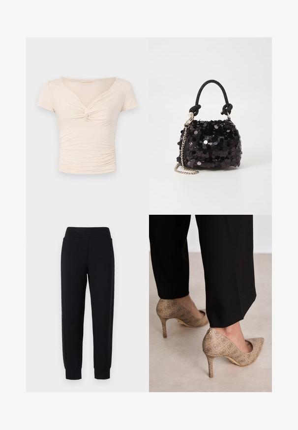 Világos bézs színű, rövid ujjú felső V-nyakkal és elülső csavart részlettel, oldalt gyűrt textúrával a testhez álló fazonért.; Fekete szűkített szárú melegítőnadrág, széles elasztikus derékpánttal és texturált oldalsó panelekkel. Puha, rugalmas anyagból készült.; Beige magassarkú cipők texturált anyagból, ismétlődő mintával. Hegyes orrú kialakítás, hátsó díszítéssel és arany sarkú részlettel.; Fekete flitteres mini kézitáska csomózott textúrájú pánttal és ezüst lánccal. Lekerekített forma, ráncolt tetejével és fényvisszaverő részletekkel.