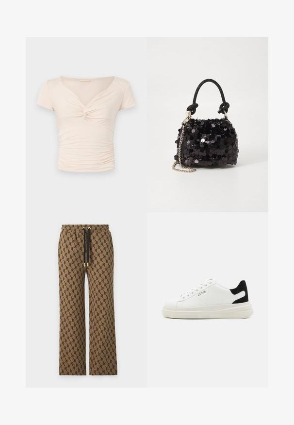 Világos bézs színű, rövid ujjú felső V-nyakkal és elülső csavart részlettel, oldalt gyűrt textúrával a testhez álló fazonért.; JOOP! TABBY - Tréningruha alsók - medium brown; Fehér bőr sportcipők vastag fehér talppal, fekete velúr sarokpikkelyel és dombornyomott logóval az oldalon. Fűzős kialakítás, hat fűzőlyukkal.; Fekete flitteres mini kézitáska csomózott textúrájú pánttal és ezüst lánccal. Lekerekített forma, ráncolt tetejével és fényvisszaverő részletekkel.