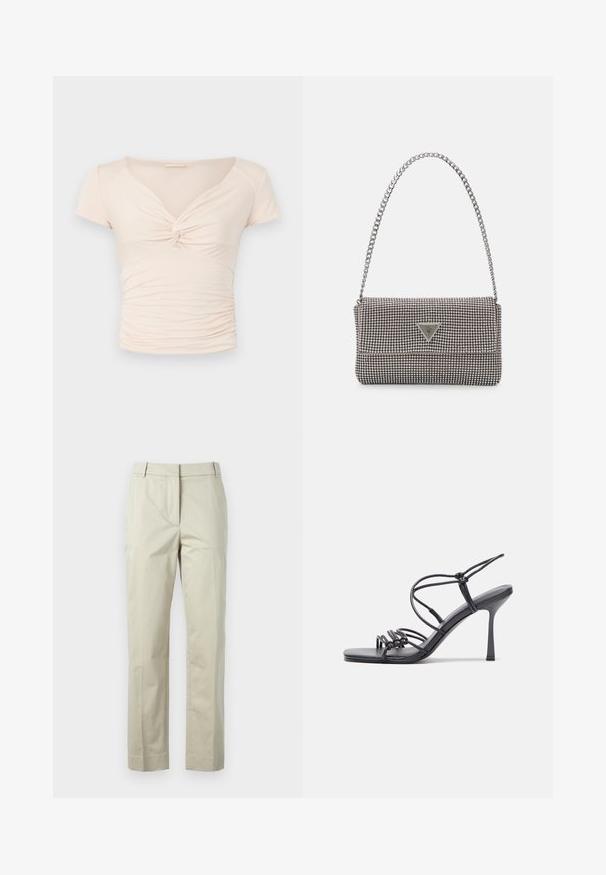 Vaalean beige lyhythihainen toppi, jossa on V-mallinen kaula-aukko ja kierretyt yksityiskohdat edessä. Sivut ovat rypytettyjä, mikä luo istuvan muotoilun.; Beige puuvillahousut suorilla lahkeilla, keskiviivalla ja vyölenkeillä. Ominaisuudet: kaksi sivutaskua ja siisti, räätälöity viimeistely.; Mustat korkokengät sandaalit, joissa on ohuet hihnat solmittuna, sileä neliön muotoinen varvasosa ja tyylikäs stiletto-korko.; Vaalea harmaa metallinen käsilaukku, jossa on ketjusanka. Laukku on koristeltu pienillä pyöreillä metallikoruilla ja kolmion muotoisella brändilogolla.; Hopehopeet hopehopeet hopehopeet hopehopeet, jolla on sileä, kiiltävä pinta. Pyöreä muoto, kevyt rakenne, jossa on neulakiinnitys.