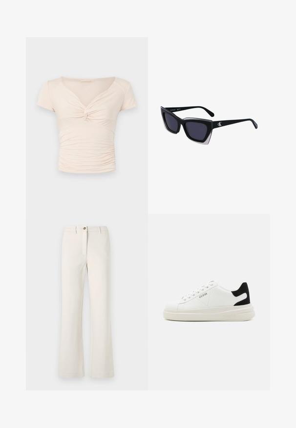 Lys beige kortermet topp med V-hals og vridd detalj foran, med samlet tekstur langs sidene for en tettsittende design.; Beige bukser med en udvidet ben design, lavet af et glat stof. Har en enkelt frontknap og lynlås lukning med bæltesløjfer.; Hvite lær sneakers med tykk hvit såle, svart semsket hælforsterkning og preget logo på siden. Snøresystem med seks hull.; Store svarte solbriller i overdimensjonert størrelse med geometrisk form, med mørke linser og en kontrasterende grå detalj på rammen. Logo på armen.
