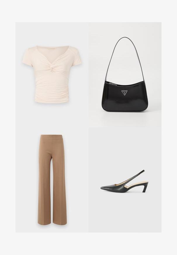 Lichtbeige kort-mile top met V-hals en draai detail aan de voorkant, met geplooide textuur aan de zijkanten voor een aansluitend ontwerp.; Vallende broekspijpen in een lichtbruine, elastische stof met een gladde textuur en een hoge, elastische tailleband. Geen zichtbare sluiting of zakken.; Zwarte puntige slingback schoen met een lage hak, gemaakt van soepel leer en voorzien van een uitsnede aan de zijkant voor ventilatie.; Zwarte lakleren schoudertas met een gebogen vorm, voorzien van een zilveren driehoeklogo en een ritssluiting. Gladde textuur en slanke schouderband.