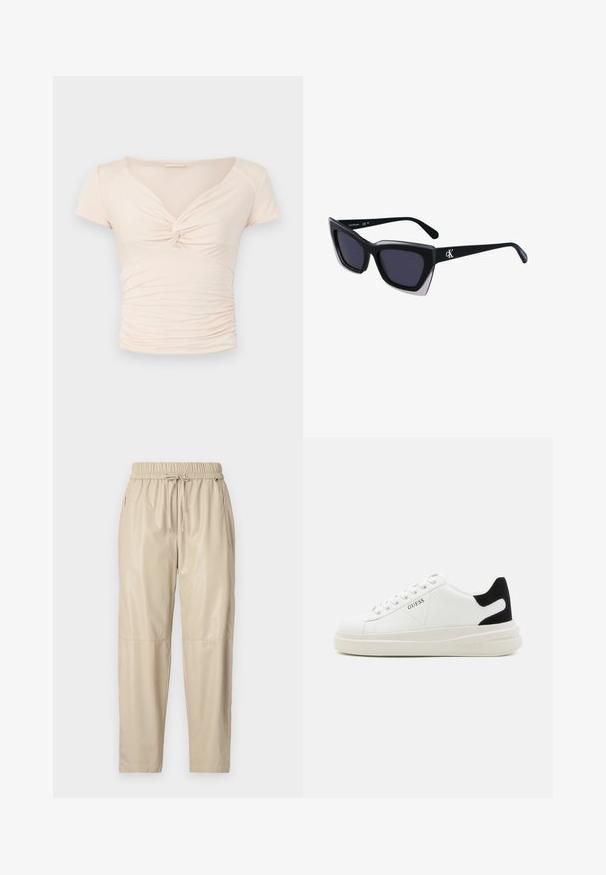 Top corto a maniche corte beige chiaro con scollatura a V e dettaglio intrecciato sul fronte, caratterizzato da una texture arricciata lungo i lati per un design aderente.; Pantaloni jogger beige realizzati in un materiale lucido e liscio. Caratterizzati da una vita elastica con coulisse, tasche laterali e gambe affusolate.; Sneaker bianchi in pelle con suola spessa bianca, accento in suede nero sul tallone e logo impresso sul lato. Design con lacci e sei fori per i lacci.; Occhiali da sole oversize neri dalla forma geometrica, con lenti scure e un dettaglio grigio a contrasto sulla montatura. Logo sul braccio.
