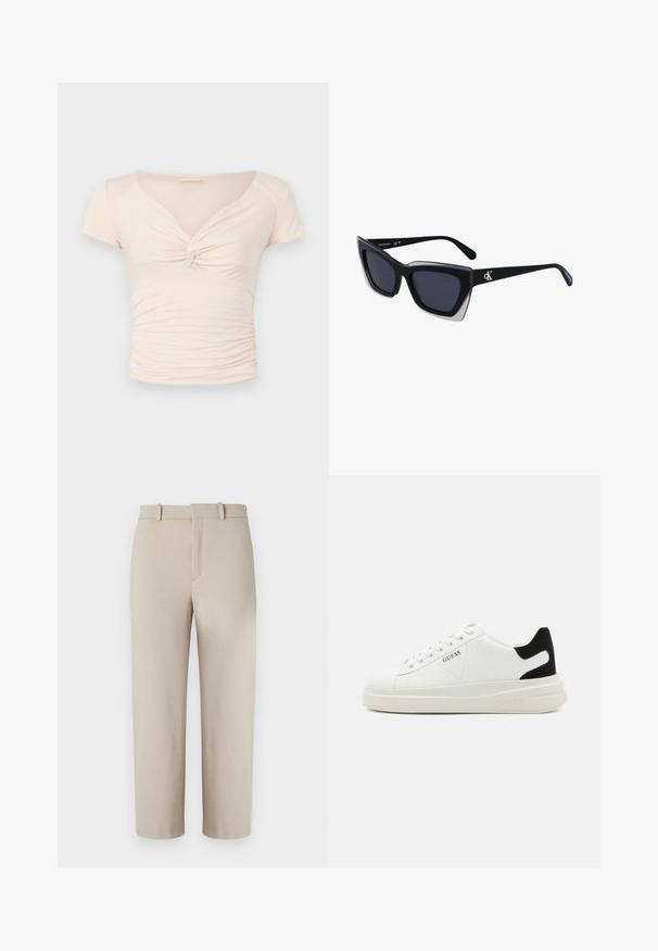 Lys beige kortermet topp med V-hals og vridd detalj foran, med samlet tekstur langs sidene for en tettsittende design.; Beige beskjærte bukser, skreddersydd design, flat front med skjult glidelås, to sidelommer, laget av glatt bomullsblanding.; Hvite lær sneakers med tykk hvit såle, svart semsket hælforsterkning og preget logo på siden. Snøresystem med seks hull.; Store svarte solbriller i overdimensjonert størrelse med geometrisk form, med mørke linser og en kontrasterende grå detalj på rammen. Logo på armen.