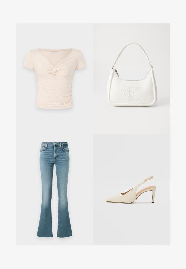 Light beige short-sleeve top with a V-neck and twist detail at the front, featuring gathered texture along the sides for fitted design.; Light blue denim flared jeans with a high waist, featuring front pockets and a classic five-pocket design, smooth texture, and faded finish.; Beige leather slingback heels with a pointed toe, open side design, and a slim high heel. Features a gold accent on the strap.; White leather handbag with a curved shape, featuring an embossed "CK" logo on the front and a single shoulder strap. Zipper closure at top.
