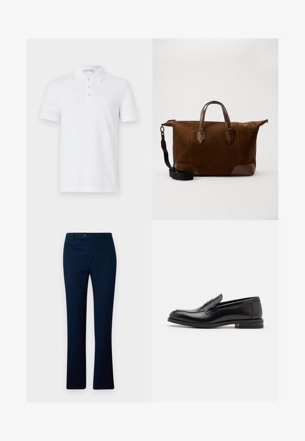 Polo bianco in cotone, con patta a due bottoni, maniche corte e dettaglio logo discreto sul petto. Texture liscia.; Pantaloni blu navy con una vestibilità dritta, dotati di una chiusura anteriore con un bottone e passanti per la cintura, realizzati in un tessuto tessuto liscio.; Mocassini neri in pelle con una texture liscia, punta arrotondata e una striscia decorativa sulla tomaia. Tacco basso impilato, design minimalista.; Borsa a secchiello in suede marrone con dettagli in pelle scura, manici superiori doppi, tracolla regolabile e chiusura con zip robusta.