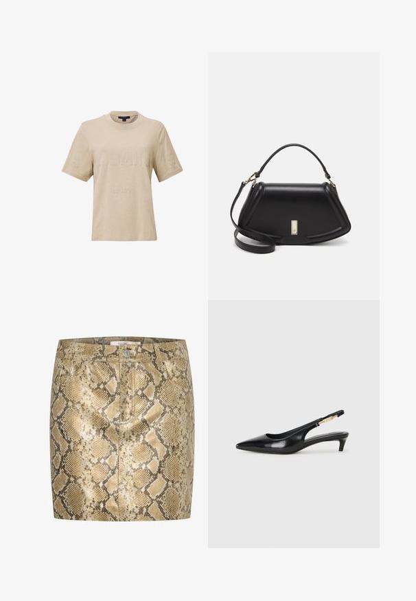 Beżowa koszulka z krótkim rękawem, wykonana z bawełny. Posiada wytłoczone napisy "ALLSAINTS LONDON" z przodu, okrągły dekolt oraz luźny krój.; Mini spódnica w wzór węża z metalicznym połyskiem w odcieniach złota i beżu. Posiada zapięcie na guziki oraz przednie kieszenie. Teksturowana powierzchnia.; Czarne skórzane szpilki typu slingback z ostrym noskiem, posiadające smukły obcas i złoty akcent na regulowanym pasku. Gładka tekstura.; Czarna skórzana torebka o strukturalnym designie, z przyciętą formą, górnym uchwytem i złotymi akcentami. W zestawie regulowany pasek na ramię.