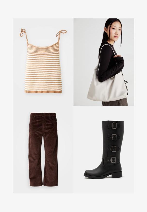 Striped knit top with adjustable ties, featuring alternating brown and white horizontal stripes, a snug fit, and a ribbed hem.; Brown corduroy trousers with a straight cut, front pockets, and a button closure. The fabric has a soft textured appearance.; Black tall boots made of smooth synthetic material. Features four decorative straps with rectangular metal buckles. Block heel design.; Beige handbag made of soft material, featuring a slouchy design, stitched detailing, and two shoulder straps. Suitable for everyday use.