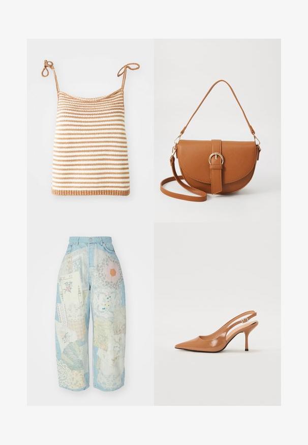 Prugasti pleteni top s podesivim vezicama, sizmom naizmjeničnih smeđih i bijelih horizontalnih pruga, uskog kroja i rebrastim rubom.; Trenirka od denima s patchwork dizajnom od raznih materijala u svijetloplavoj, bijeloj i pastelnim bojama, s čipkastim i cvjetnim uzorcima.; Sandal s petom u obliku šiljastog prsta od glatkog, sjajnog smeškastog materijala. Ima zakrivljeni izrez i vitku štiklu. Detalj s srebrnom kopčom.; Smeđa kožna torba preko tijela s zakrivljenim oblikom, zlatnim metalnim detaljima i naglaskom na kopču. Ima odvojivu naramenicu.