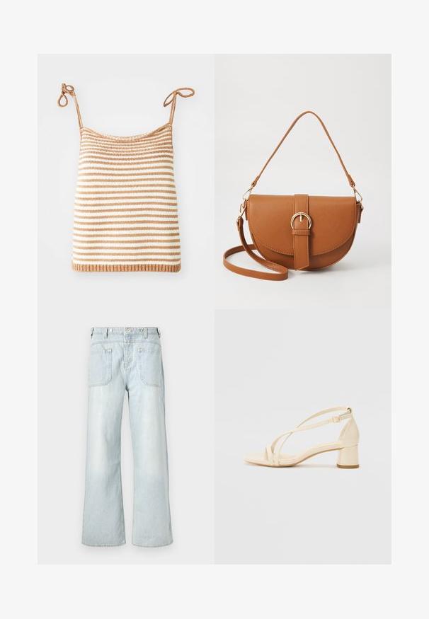 Juostuotas mezginys viršus su reguliuojamomis raištelėmis, turintis pakaitomis rudų ir baltų horizontalinių juostelių, prigludusią apykaklę ir briaunotą iškirptę.; Šviesiai mėlynos džinsinės plačios kojų kelnės su aukštu liemeniu, dviem galinėmis kišenėmis ir subtiliais blukimo efektais, išsiuvinėtomis geltonomis siūlėmis.; Bežiniai aukštakulniai sandalai su bloko kulnu, juostelių dizainu ir reguliuojama kulkšnies juostele, pagaminti iš lygaus sintetinės medžiagos su matinio paviršiaus apdaila.; Ruda odinė kryžminė rankinė, turinti kreivą formą, auksinius metalinius elementus ir sagtį. Yra nuimama petneša.