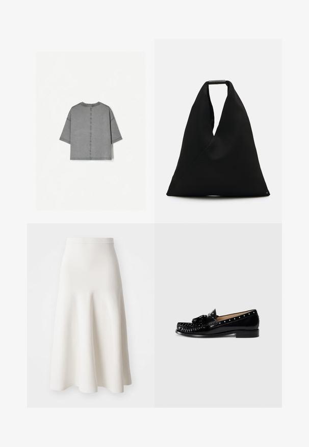 Grijze T-shirt met korte mouwen, ronde halslijn, vierkante snit, zichtbare stikseldetails en een zachte, textuurachtige afwerking.; Een witte A-lijn rok van een gladde stof, met een getailleerde taille en een uitlopende silhouette die zachtjes tot halverwege de kuit valt.; Zwarte leren instappers met decoratieve stiksels, metalen studs langs de bovenkant, een lage hak en een textuuraccent in de vorm van een strik aan de voorkant.; Zwart stoffen draagtas met een uniek V-vormig ontwerp en een gladde textuur. Voorzien van een korte handgreep met minimalistische hardware-details.