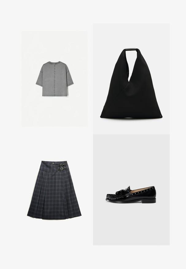 Grijze T-shirt met korte mouwen, ronde halslijn, vierkante snit, zichtbare stikseldetails en een zachte, textuurachtige afwerking.; Plissé knielange rok in donkergrijs met blauw ruitpatroon, uitgerust met twee zwarte gespen op de taille voor verstelbaarheid en een platte tailleband.; Zwarte leren instappers met decoratieve stiksels, metalen studs langs de bovenkant, een lage hak en een textuuraccent in de vorm van een strik aan de voorkant.; Zwart stoffen draagtas met een uniek V-vormig ontwerp en een gladde textuur. Voorzien van een korte handgreep met minimalistische hardware-details.