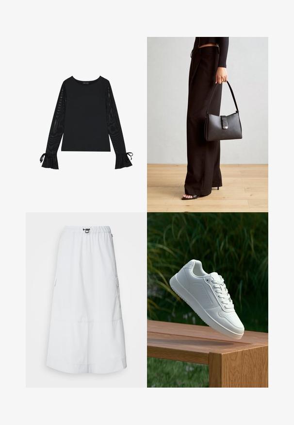 Μαύρη μπλούζα με στερεό σώμα και διάφανες, φαρδιές μανίκες. Διαθέτει διακοσμητικές ζώνες στους καρπούς. Φτιαγμένη από μαλακό ύφασμα με εφαρμοστό σχέδιο.; Ecoalf SKIRT WOMAN - Φούστα σε γραμμή Α - light grey; Λευκό αθλητικό παπούτσι με λείο συνθετικό επάνω μέρος, περforατισμένη μύτη, επίπεδα κορδόνια και υφασμένη σόλα, εκτεθειμένο σε ξύλινη επιφάνεια.; Μαύρη τσάντα χειρός με δομημένο σχήμα, λεία υφή και μεταλλικό κούμπωμα. Συνδυασμένη με φαρδιά μαύρα παντελόνια και σανδάλια ανοιχτής μύτης πάνω σε ξύλινο πάτωμα.