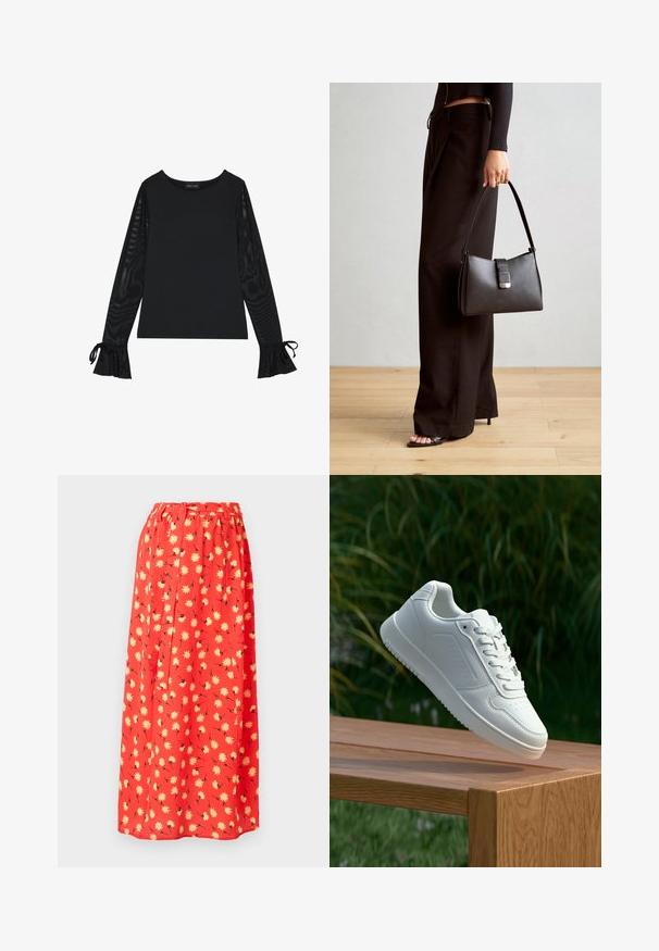 Haut noir avec un corps uni et des manches évasées en voile. Présente des accents à nouer aux poignets. Fabriqué à partir d'un tissu lisse avec une coupe ajustée.; Jupe maxi rouge en tissu léger, ornée d'un motif floral avec des marguerites jaunes et des détails noirs. Ceinture élastique pour plus de confort.; Sneakers blanches avec une tige synthétique lisse, un avant perforé, des lacets plats et une semelle texturée, présentées sur une surface en bois.; Sac à main noir à la forme structurée, texture lisse et fermoir métallique. Associé à un pantalon noir ample et des sandales ouvertes sur un sol en bois.