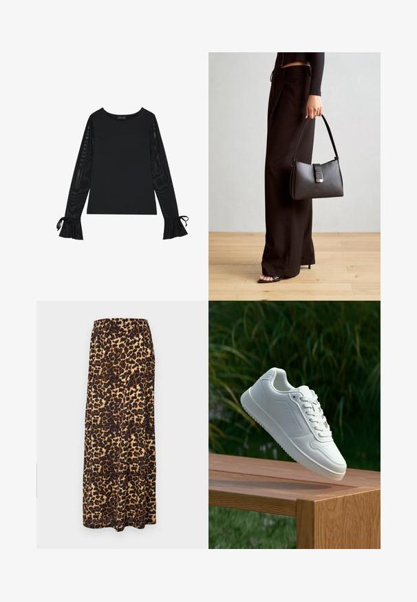 Mustapaita, jossa on kiinteä vartalo ja läpinäkyvät, leveät hihat. Täydentää nauhakoristeet hihojen suissa. Valmistettu sileästä kankaasta ja muotoonommellusta designista.; Leopardikuosis maxi-hame pehmeästä kankaasta, jossa on leveä joustava vyötärö, mustan ja ruskean sävyissä ja virtaavassa muotoilussa.; Valkoiset tennarit, joissa on sileä synteettinen päällinen, rei'itetty varvasosa, litteät nauhat ja teksturoitu pohja, esillä puupinnalla.; Musta käsilaukku, jossa on rakenteellinen muoto, sileä pinta ja metallinen solki. Yhdistetty leveisiin mustiin housuihin ja avonaiheisiin sandaaleihin puulattialla.