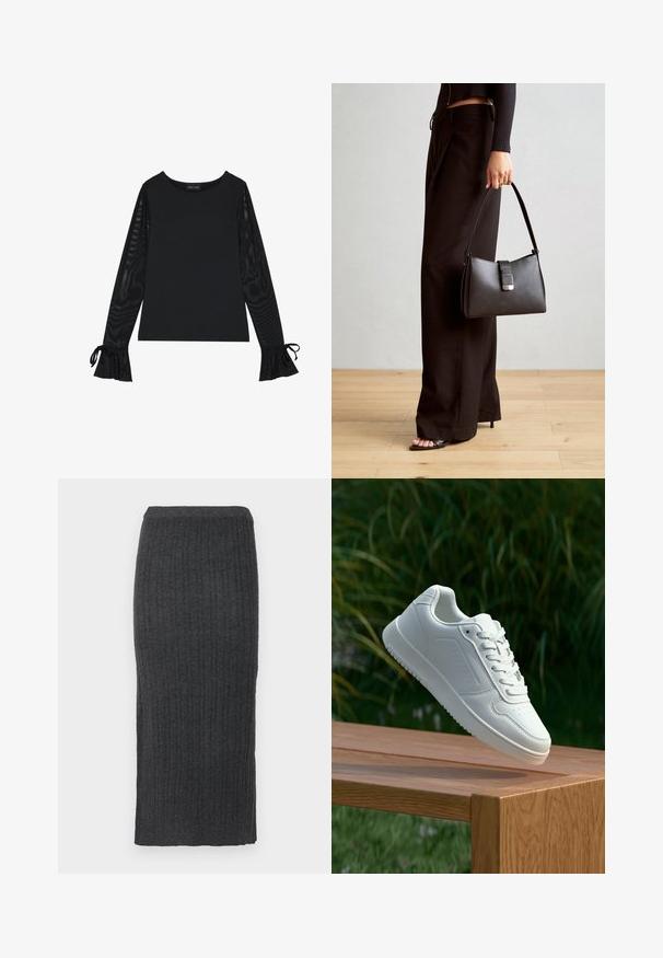 Juodas marškinėlis su tvirtu kūnu ir permatomomis, plačiomis rankovėmis. Yra kaklo juostos akcentai ant rankogalių. Pagamintas iš lygaus audinio su pritaikytu dizainu.; Megzta, juostos modelio midi sijonas tamsiai pilkos spalvos. Yra prigludusi silueto forma ir elastinė juosmena. Pagamintas iš minkštos, tekstūruotos medžiagos.; Balti sneakeriai su lygia sintetine viršutine dalimi, perforuota pirštų zona, plokščiomis raištelėmis ir tekstūruotu padu, padėti ant medinės paviršiaus.; Juodas rankinė struktūrizuota forma, lygi tekstūra ir metalinis užsegimas. Suporuota su plačiomis juodomis kelnėmis ir atvirais bateliais ant medinių grindų.