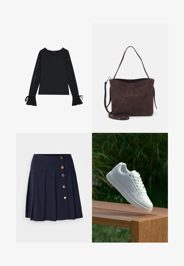 Top negru cu un corp solid și mâneci evazate, din material transparent. Prezintă accente cu șiret la manșete. Fabricat dintr-un material neted cu un design ajustat.; Fustă plisată de culoare bleumarin cu talie înaltă, având cinci butoane aurii în față și o textură netedă. Potrivită pentru diverse ocazii.; Sneaker alb cu un upper sintetic neted, cu vârf perforat, șireturi plate și o talpă texturată, expus pe o suprafață de lemn.; Geantă tote din suede maro, cu o textură moale, având un singur mânere pentru umăr și o deschidere superioară subtil curbată. Fără detalii hardware vizibile.