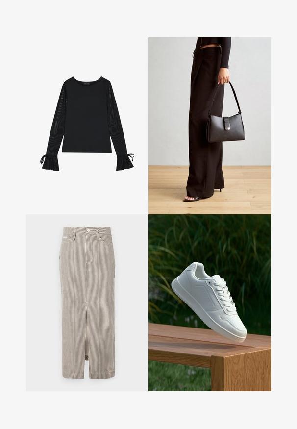 Top nero con corpo solido e maniche a campana trasparenti. Presenta dettagli a nodo ai polsini. Realizzato in tessuto morbido con un design aderente.; Gonna midi a righe in beige chiaro e marrone scuro, realizzata in cotone, con spacco frontale e passanti per cintura. Design classico e vestibilità su misura.; Sneaker bianco con tomaia in sintetico liscio, punta perforata, lacci piatti e suola testurizzata, esposto su una superficie di legno.; Borsa nera con forma strutturata, texture liscia e una chiusura metallica. Abbinata a pantaloni neri larghi e sandali open-toe su un pavimento in legno.