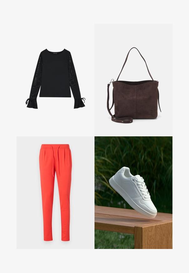 Black top with solid body and sheer, flared sleeves. Features tie accents at the cuffs. Made from smooth fabric with a fitted design.; Red jogger pants made of soft material with an elastic waistband and adjustable drawstring. Features a tapered leg design.; White sneaker with a smooth synthetic upper, perforated toe box, flat laces, and a textured sole, displayed on a wooden surface.; Brown suede tote bag with a soft texture, featuring a single shoulder strap and a subtle curved top opening. No visible hardware details.