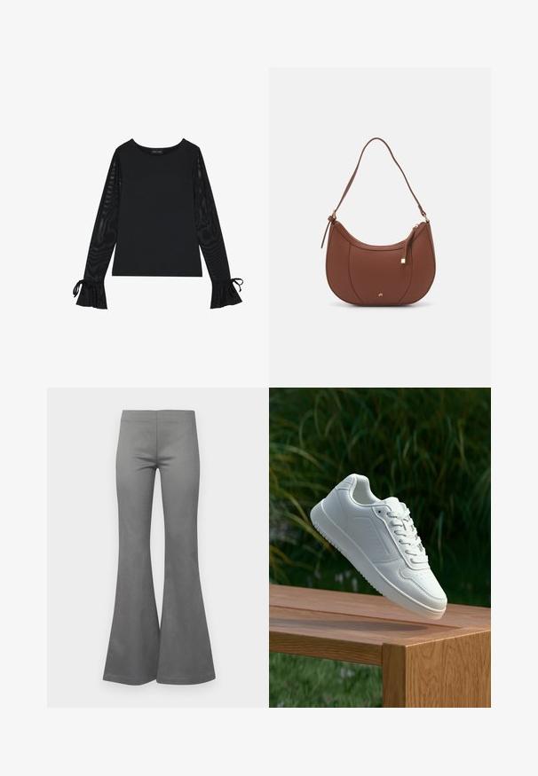 Schwarzes Oberteil mit festem Oberkörper und durchsichtigen, ausladenden Ärmeln. Verfügt über Schleifenakzente an den Bündchen. Hergestellt aus glattem Stoff mit einer taillierten Passform.; Graue Schlaghose mit glatter Stofftextur und tailliertem Design, die von den Knien bis zum Saum weit ausläuft.; Weiße Sneaker mit einem glatten, synthetischen Obermaterial, perforierter Zehenbox, flachen Schnürsenkeln und einer strukturierten Sohle, präsentiert auf einer Holzoberfläche.; Braune Kunstleder-Schultertasche mit geschwungener Form, minimaler Naht und goldfarbener Hardware-Akzent. Verfügt über einen oberen Reißverschluss und einen verstellbaren Trageriemen.