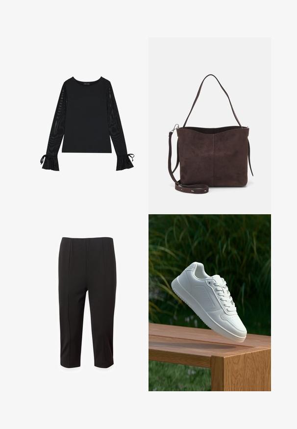 Črna majica z enotno podlago in prozornimi, širokimi rokavi. Ima zaveze pri manšetah. Narejena iz gladkega materiala s prilegajočim dizajnom.; Črne skrajšane hlače iz gladkega materiala, s prilagojenim krojem, sprednjimi gubami in ravnim rezom. Brez vidnih žepov ali okrasnih elementov.; Bela teniska s gladkim sintetičnim zgornjim delom, perforiranim prednjim delom, ravnimi vezalkami in teksturiranim podplatom, prikazana na leseni površini.; Rjava gamoška torba z mehkobo teksturo, ki ima en samo ramenski trak in subtilno ukrivljen zgornji del. Brez vidnih kovinskih detajlov.