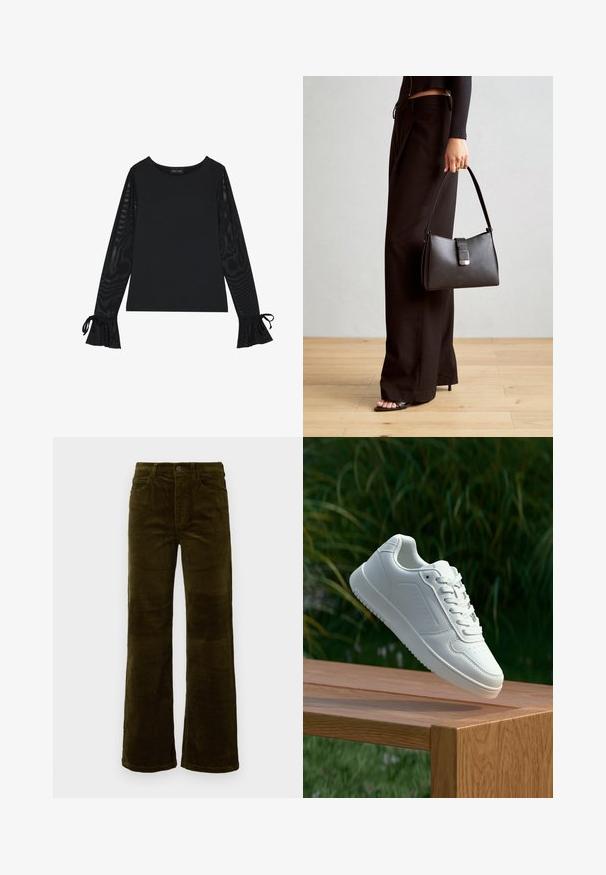 Fekete felső, szolid testtel és áttetsző, harangujjakkal. Kötős részletekkel a mandzsettákon. Simára kidolgozott anyagból, testhezálló kialakítással készült.; Sötét olíva zöld kordbársony harangszárú nadrág. Öt zseb, gombos záródás, és függőleges bordázott textúra jellemzi. Standard méret, klasszikus dizájn.; Fehér sportcipő sima szintetikus felsőrésszel, perforált lábujjrész, lapos fűzőkkel és texturált talppal, fából készült felületen kihelyezve.; Fekete kézi táska strukturált formával, sima textúrával és fémből készült záródással. Széles fekete nadrággal és nyitott orrú szandállal párosítva, fából készült padlón.