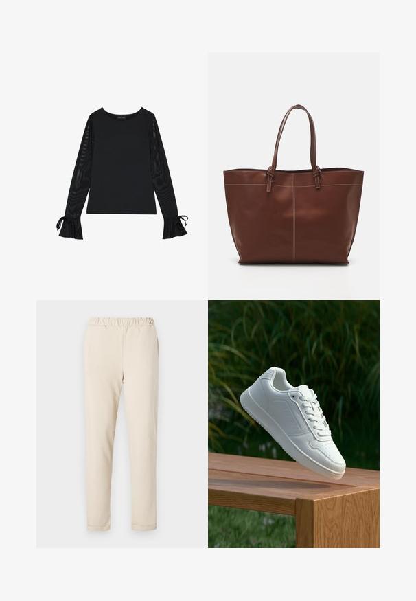 Schwarzes Oberteil mit festem Oberkörper und durchsichtigen, ausladenden Ärmeln. Verfügt über Schleifenakzente an den Bündchen. Hergestellt aus glattem Stoff mit einer taillierten Passform.; Beige Baumwollhose mit einem gerafften Bund, geradem Bein und ohne sichtbare Muster, die eine glatte Textur und einen einfachen Saum aufweist.; Weiße Sneaker mit einem glatten, synthetischen Obermaterial, perforierter Zehenbox, flachen Schnürsenkeln und einer strukturierten Sohle, präsentiert auf einer Holzoberfläche.; Braune Leder-Umhängetasche mit doppelten Griffen, verfügt über eine kontrastierende Naht und ein geräumiges Design, das sich für den täglichen Gebrauch eignet.