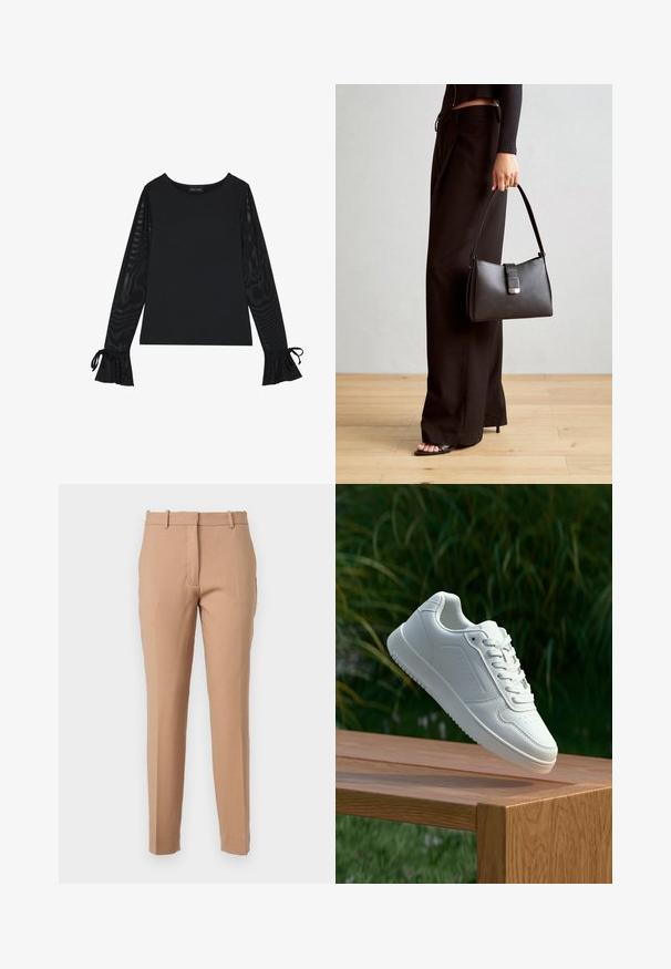 Čierny top s pevným telom a priesvitnými, rozšírenými rukávmi. Obsahuje viazacie akcenty na manžetách. Vyrobený z hladkej tkaniny s priliehavým strihom.; Béžové nohavice s úzkym strihom vyrobené z hladkej látky. Obsahujú rovný pás, priame nohavice a bočné vrecká pre pridanie detailu.; Biele tenisky s hladkým syntetickým zvrškom, perforovanou špičkou, plochými šnúrkami a textúrovanou podrážkou, vystavené na drevenej ploche.; Čierna kabelka so štruktúrovaným tvarom, hladkou textúrou a kovovou sponou. V kombinácii so širokými čiernymi nohavicami a sandálmi s otvorenou špičkou na drevenej podlahe.