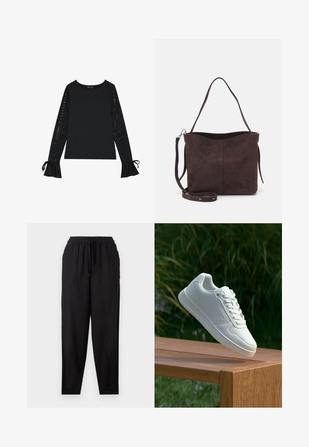 Juodas marškinėlis su tvirtu kūnu ir permatomomis, plačiomis rankovėmis. Yra kaklo juostos akcentai ant rankogalių. Pagamintas iš lygaus audinio su pritaikytu dizainu.; Juodos, lengvos medvilnės kelnės su elastingu juosmeniu, raišteliu ir siaurėjančiomis kojomis. Lygus paviršius; minimalistiškas dizainas.; Balti sneakeriai su lygia sintetine viršutine dalimi, perforuota pirštų zona, plokščiomis raištelėmis ir tekstūruotu padu, padėti ant medinės paviršiaus.; Ruda suede audinė su minkšta tekstūra, turinti vieną petį ir subtilų kreivinį viršutinį atidarymą. Matomų metalinių detalių nėra.