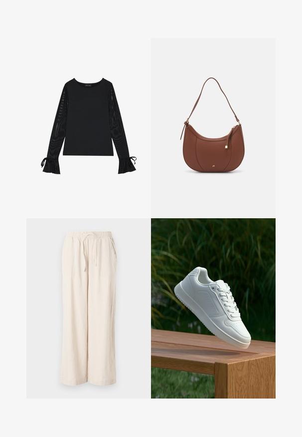 Crna majica s čvrstim tijelom i prozirnim, širijim rukavima. Ima vezanje na manžetama. Izrađena je od glatkog materijala s krojem koji naglašava tijelo.; Bež lanene hlače širom nogavica s elastičnim pojasom i prednjim džepovima. Glatka tekstura, lagana tkanina, dizajn do članaka.; Bijela tenisica sa glatkim sintetičkim gornjim dijelom, perforiranim prednjim dijelom, ravnim vezicama i teksturiranom potplatom, prikazana na drvenoj površini.; Smeđa torba od umjetne kože s zakrivljenim oblikom, minimalnim šavovima i zlatnim metalnim detaljima. Ima zatvaranje na gornjoj strani sa patentnim zatvaračem i podesivu naramenicu.