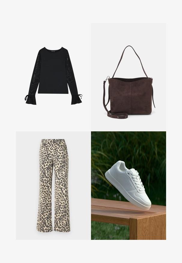 Black top with solid body and sheer, flared sleeves. Features tie accents at the cuffs. Made from smooth fabric with a fitted design.; Leopard-print denim trousers with a high waist, light tan base, and dark brown spots; flared leg design; sturdy fabric with a soft texture.; White sneaker with a smooth synthetic upper, perforated toe box, flat laces, and a textured sole, displayed on a wooden surface.; Brown suede tote bag with a soft texture, featuring a single shoulder strap and a subtle curved top opening. No visible hardware details.