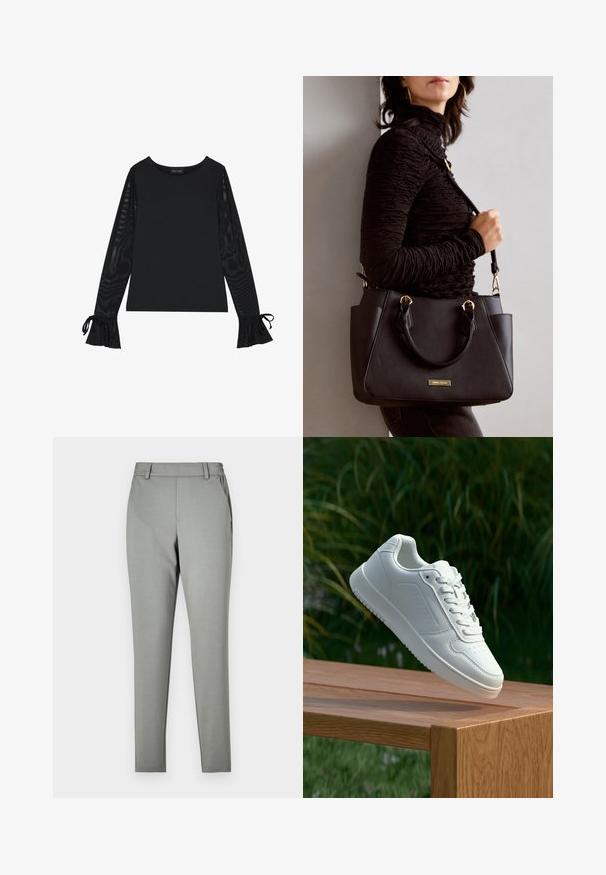 Sort top med solid krop og gennemsigtige, flagrende ærmer. Har bindebånd ved manchetterne. Lavet af glat stof med en figursyet design.; Lysegrå bukser med en skræddersyet pasform, lavet af et glat stof. Har en talje med bælteløkker og sidelommer, samt en tilspidset ben-design.; Hvid sneaker med en glat syntetisk overdel, perforeret tåboks, flade snørebånd og en tekstureret sål, præsenteret på en træoverflade.; Sort håndtaske med struktureret overflade, dobbelt topbærere og justerbar skulderrem. Udstyret med guldfarvet metalhardware og sidelommer.